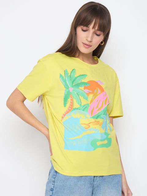 Madame Swarovski Detail Graphic Print Lemon Yellow Sinker T-shirt