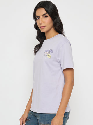 Madame Graphic Print Adorned Lilac Cotton T-shirt