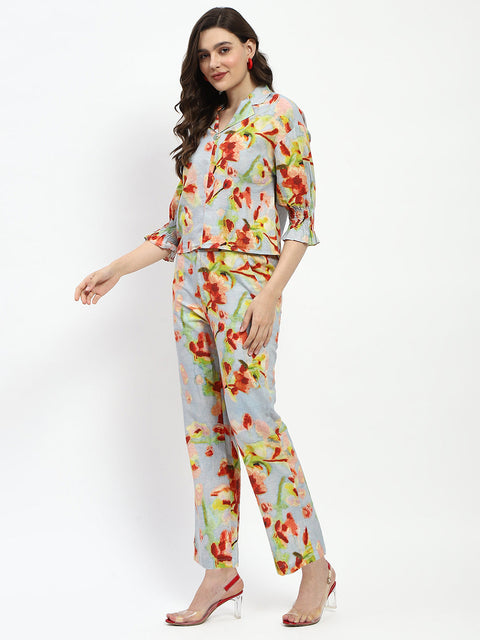 Madame Floral Print Cotton And Linen Teal Co-Ord Set