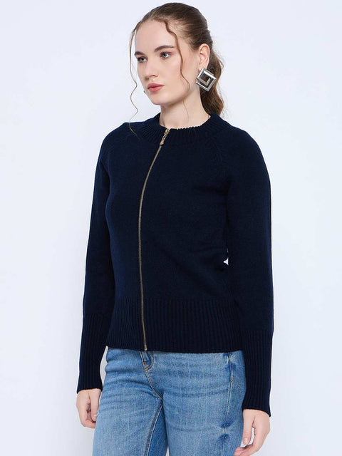 Madame Acrylic Blend Zipped Navy Blue Sweater