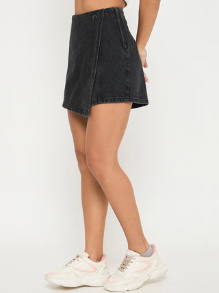 Madame Asymmetrical Wrap Built-in Shorts Black Denim Skirt