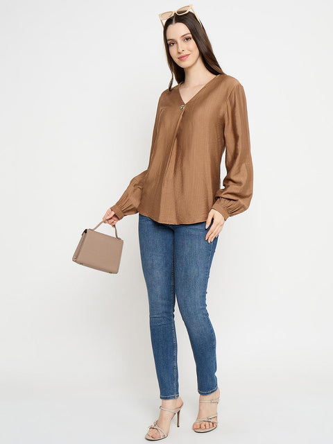 Madame Gold Button Detail Chocolate Brown Top