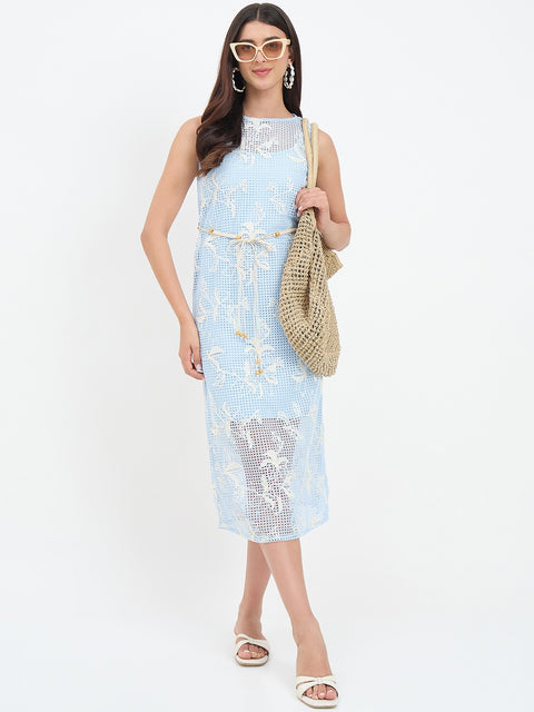 Madame Blue Floral Embroidery Crochet Dress