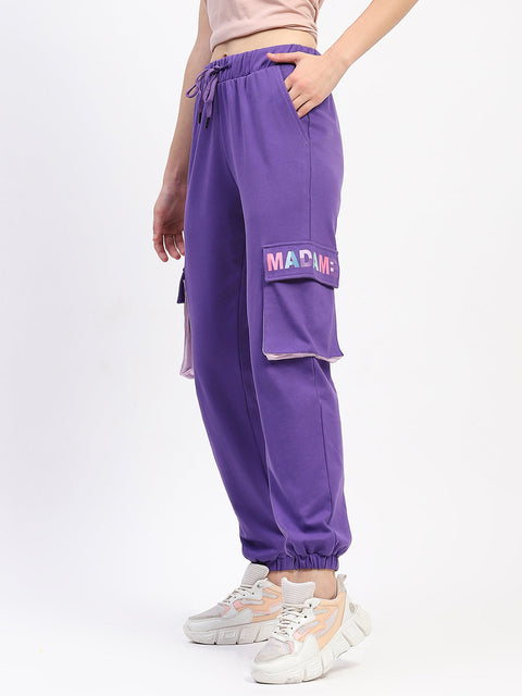Madame Purple Cotton Joggers with Elastic Waist and Flap Pockets