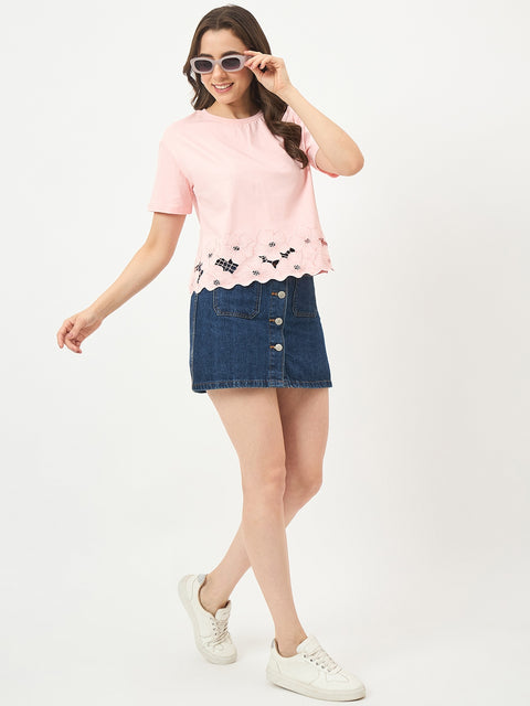 Madame Powder Pink Cotton Half-Sleeve Top