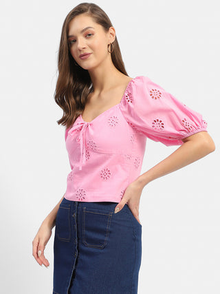 Madame Sweetheart Neck Pink Schiffli Top