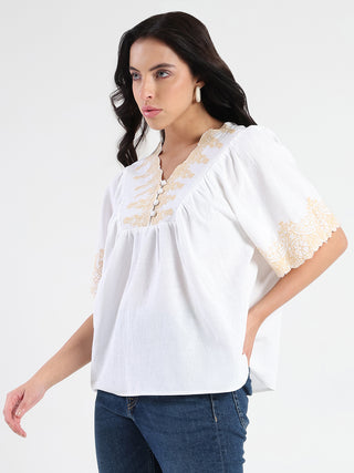 Madame Embroidered Detail Off White Viscose Blend Top