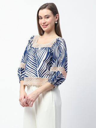 Madame Botanical Print Cotton Blend Navy Blue Top