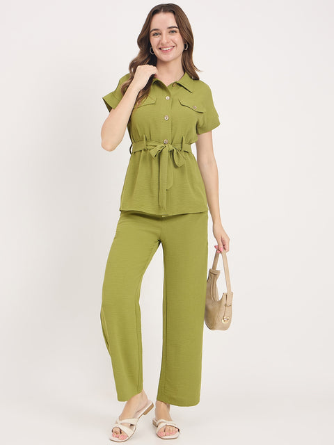 Madame Olive Rayon Fold-Up Sleeve Collared Co-ord Set
