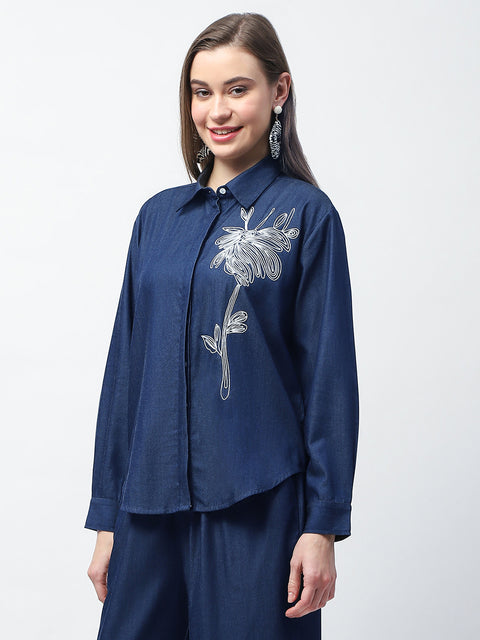 Madame Dori Embroidered Navy Blue Cotton Blend Shirt
