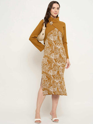 Madame Floral Print Dress and Wrap Sweater Mustard Yellow Co-ord Set