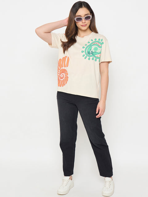 Madame Beige Printed Cotton Round Neck T-shirt