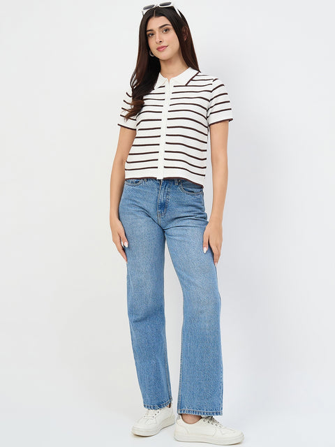 Madame Coffee Striped Cotton Polo Knit T-Shirt