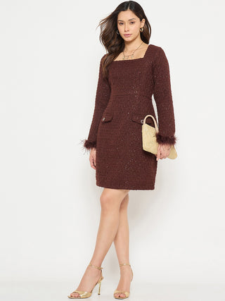 Madame Brown Bodycon Dress with Feather Trim Sleeves