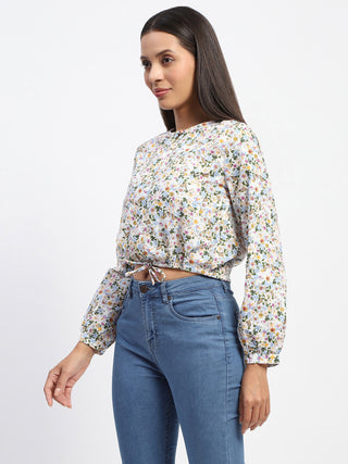 Madame Cotton Floral Print Drawstring Waist Multicolor Top