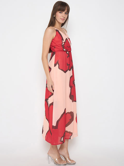 Madame Chiffon Floral Print A Line Peach Maxi Dress