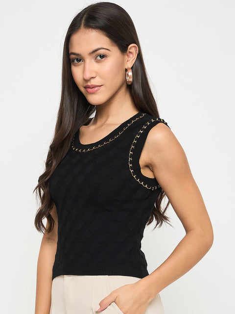 Madame Chain Accented Sleeveless Black Knitted Top