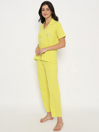mSECRET Embossed Top and Bottom Lime Yellow Cotton Night Suit