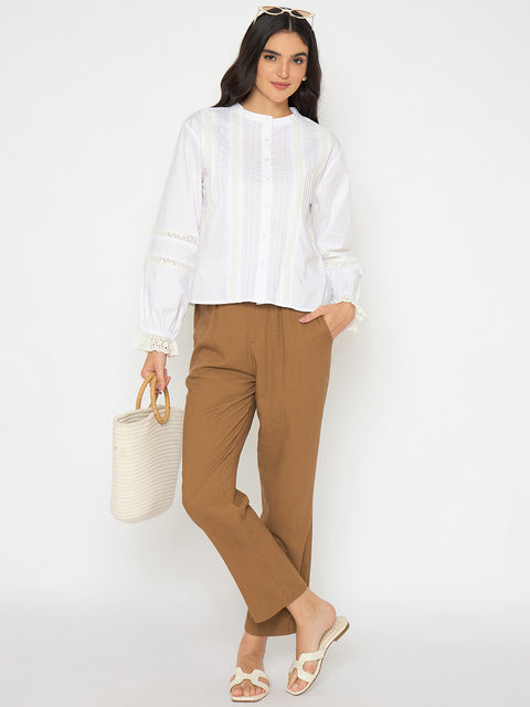 Madame Solid White Puff Sleeve Cotton Shirt