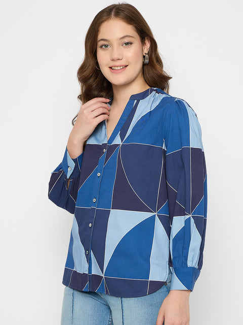 Madame Geometric Print Navy Blue Cotton Top