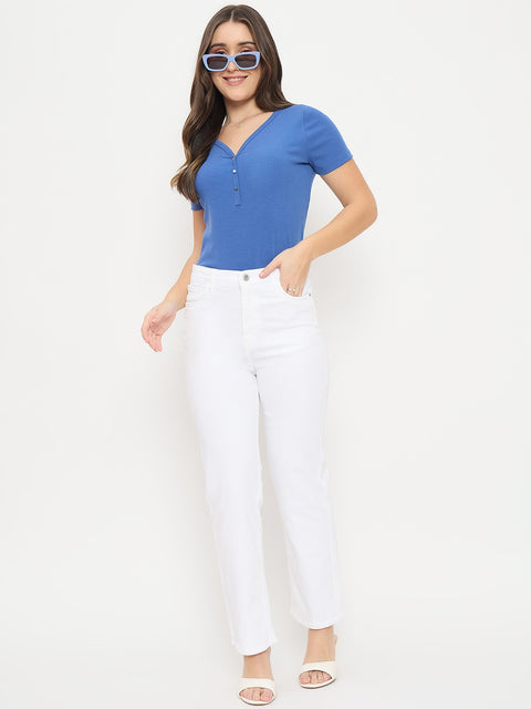 Madame White Cotton Straight Fit Whiskered Jeans