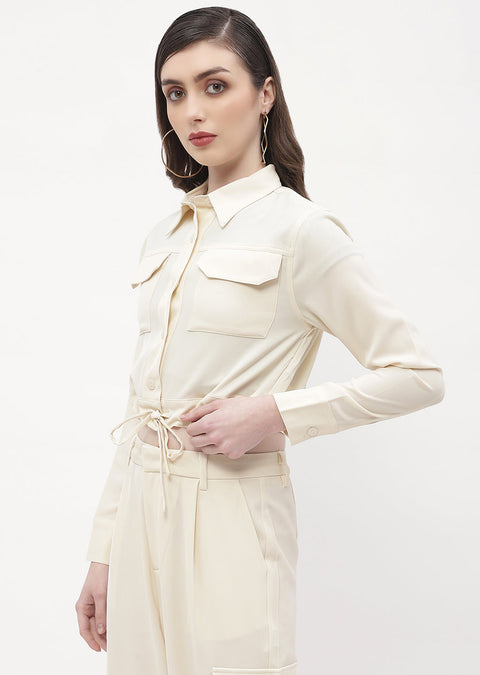Madame Drawstring Waist Beige Flap Pocket Crop Shirt