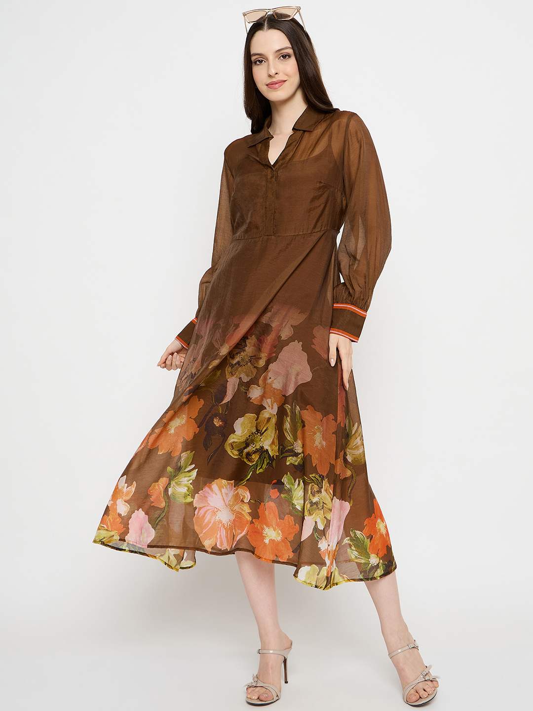 Madame Floral Print Chocolate Brown Midi Dress