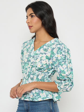 Madame Abstract Print Nylon Blend Pink Peplum Top