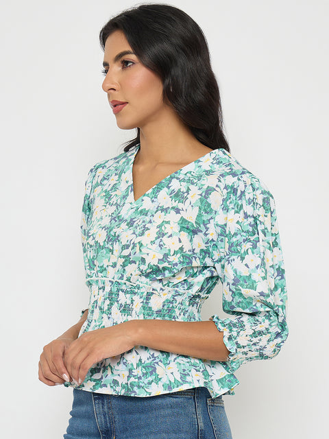 Madame Abstract Print Nylon Blend Pink Peplum Top