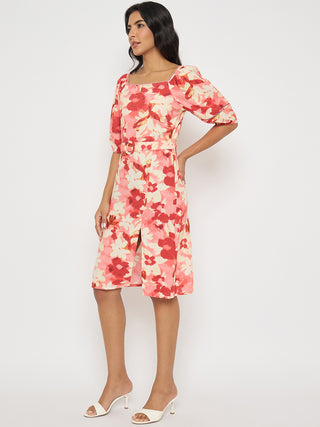 Madame Floral Print Ruched Bodycon Coral Dress