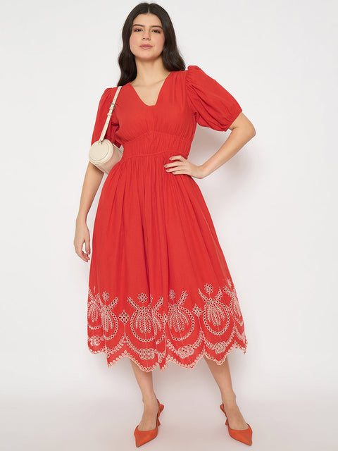 Madame Cutwork Embroidery Empire Waist Red Cotton Midi Dress