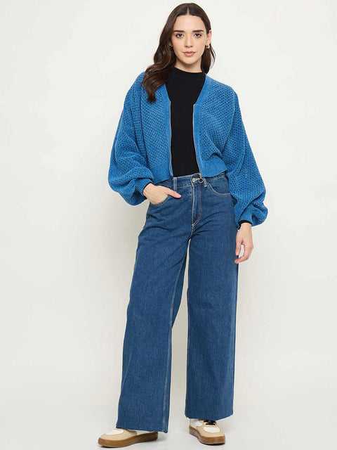 Madame Textured Relaxed Fit Blue Sweater