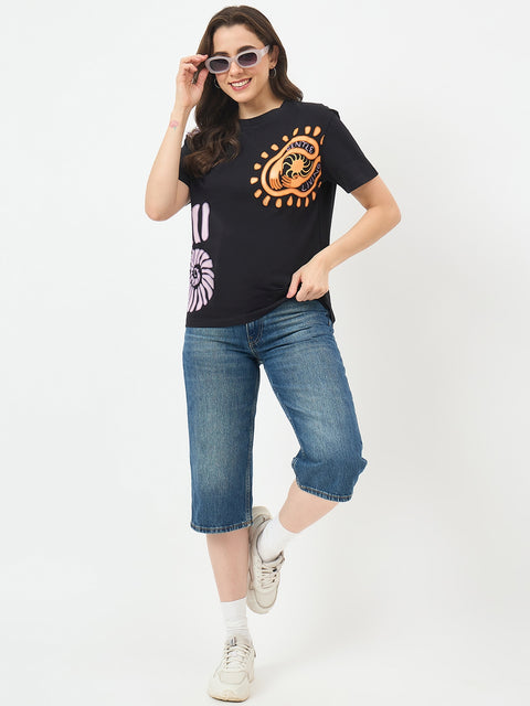 Madame Black Cotton Slim-Fit Half-Sleeve T-Shirt