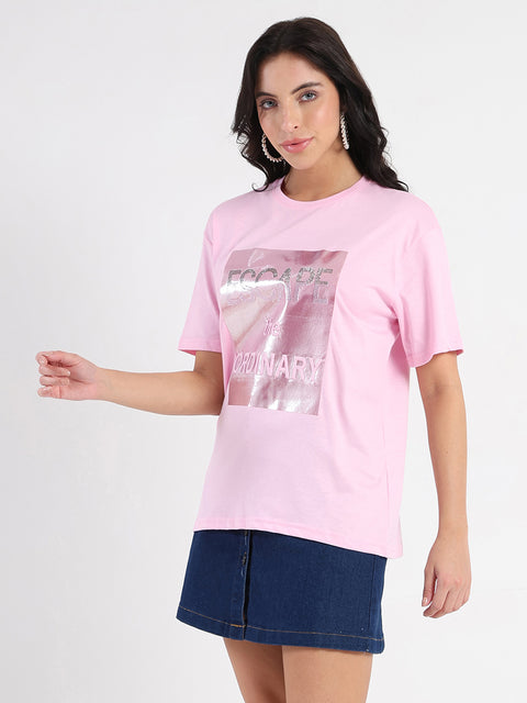 Madame Swarovski Detailed Graphic Print Pink Cotton T-shirt