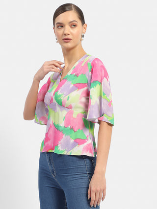 Madame Floral Print Pink Flutter Sleeve Top