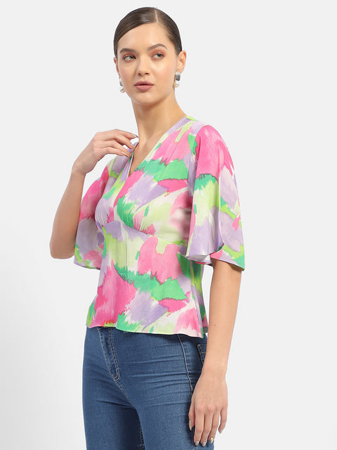 Madame Floral Print Pink Flutter Sleeve Top