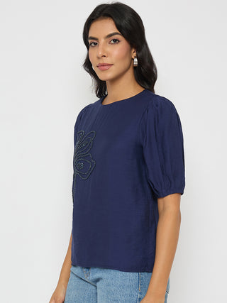 Madame Embellished Rayon Blend Navy Blue Top