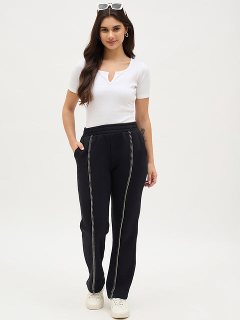 Madame Black Fleece Track Pants With Contrast Stitch