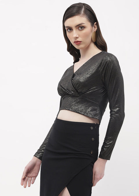 Madame Sweetheart Neck Black Shimmery Crop Top