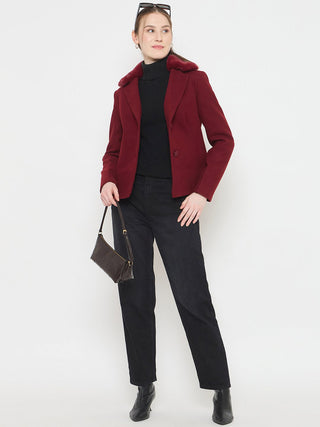 Madame Maroon Short Coat with Faux Fur Notched Lapel Neckline