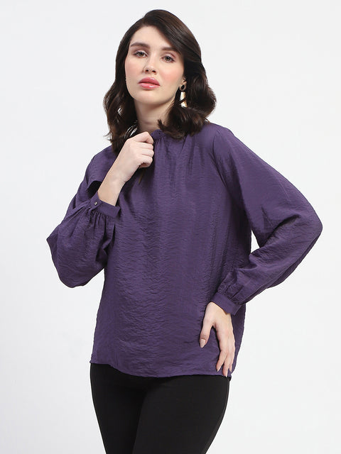 Madame Embellished Collar Ban Neck Solid Purple Top