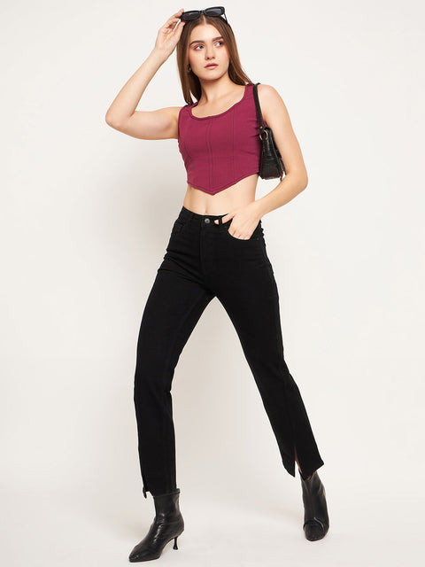 Madame Front Slit High-Rise Straight Black Jeans