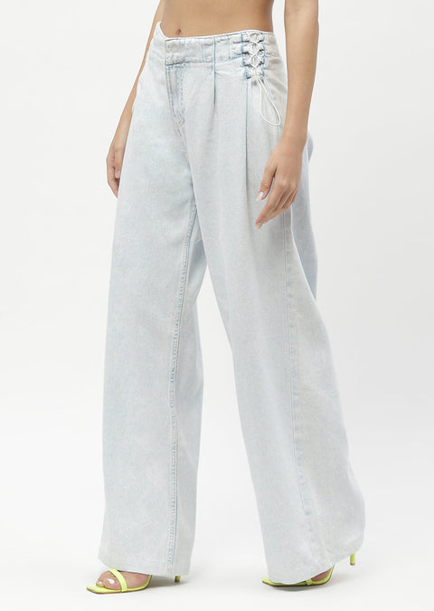 Madame Shanaya Kapoor Side Strings Ice Blue Wide Leg Jeans