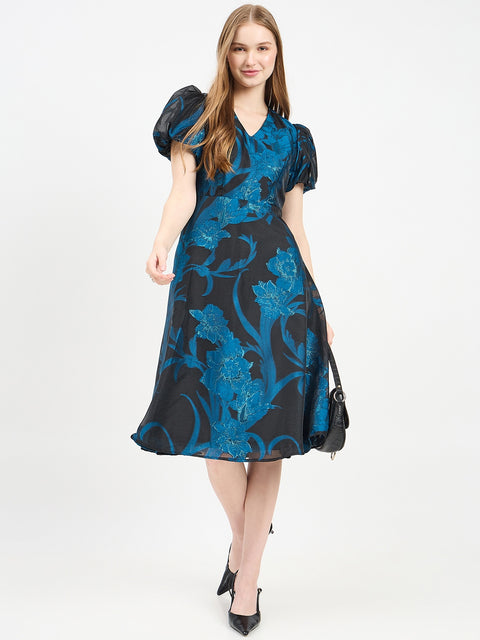 Madame Textured Teal Flared Dress