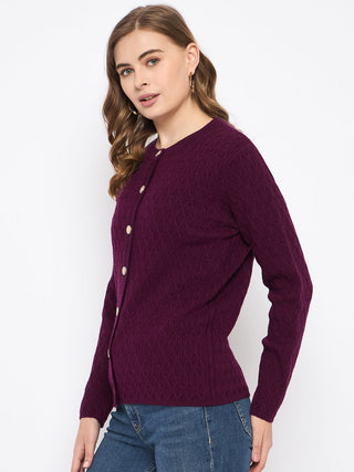 Madame Round Neck Wine Red Nylon Blend Cardigan