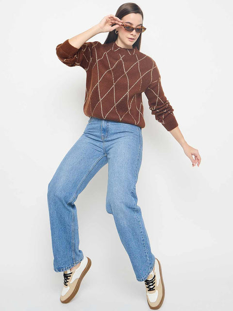 Madame Geometric Print Acrylic Blend Coffee Brown Sweater