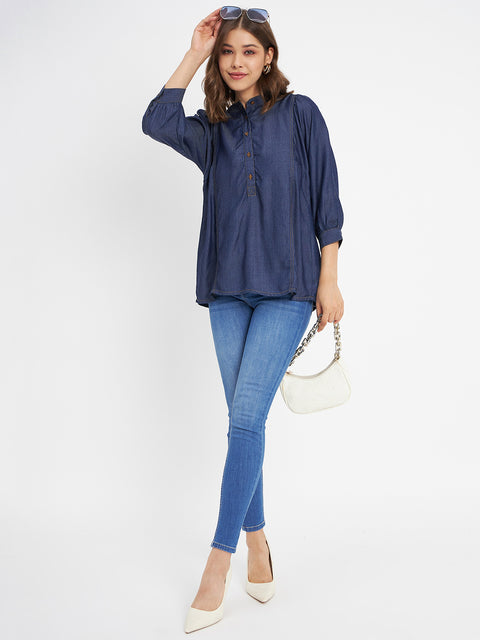 Madame Button-Down Front Solid Dark Navy Cotton Top
