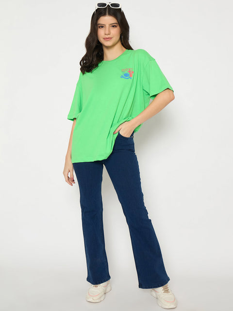 Madame Print Detailing Round Neck Green Cotton T-shirt