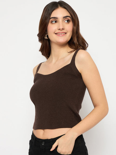 Madame Sleeveless Solid Coffee Brown Ribbed Knit Sweater