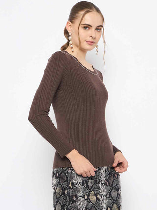 Madame Scalloped Neck Solid Brown Sweater